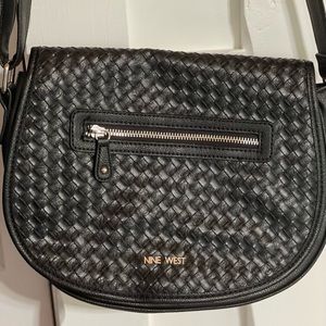NINE WEST Black FAUX LEATHER CROSSBODY SADDLEBAG HANDBAG Purse